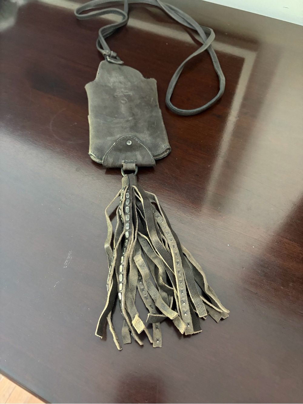 Leather Tassel Crossbody Card & Key Holder - Black